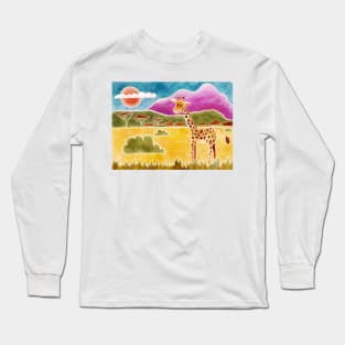 Colourful Cute Giraffe in the Savannah, Batik silk painting style Long Sleeve T-Shirt